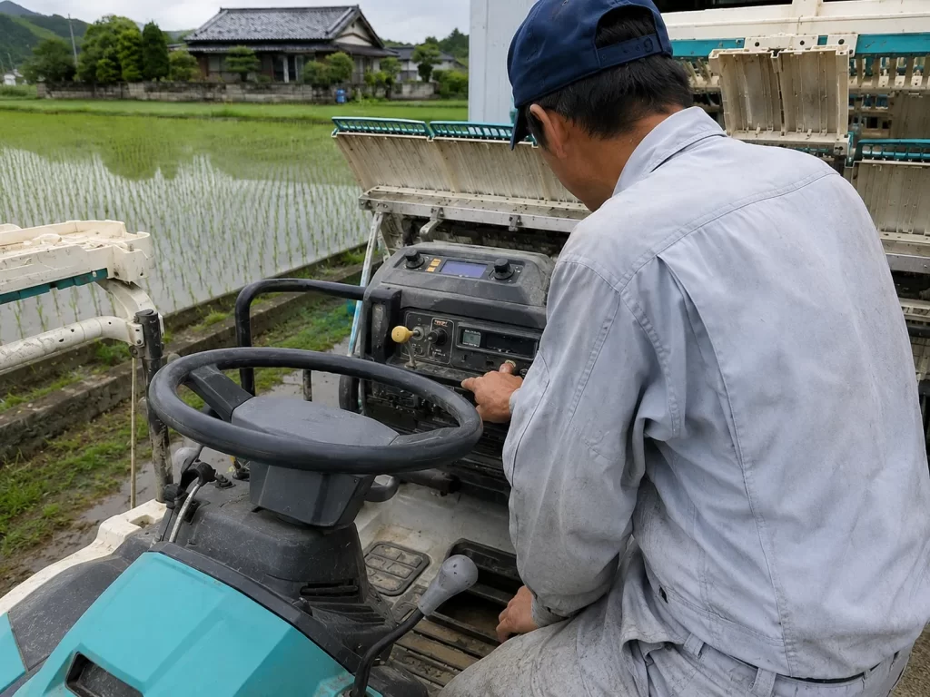 田植機の運転席でアワーメーターを確認する作業者