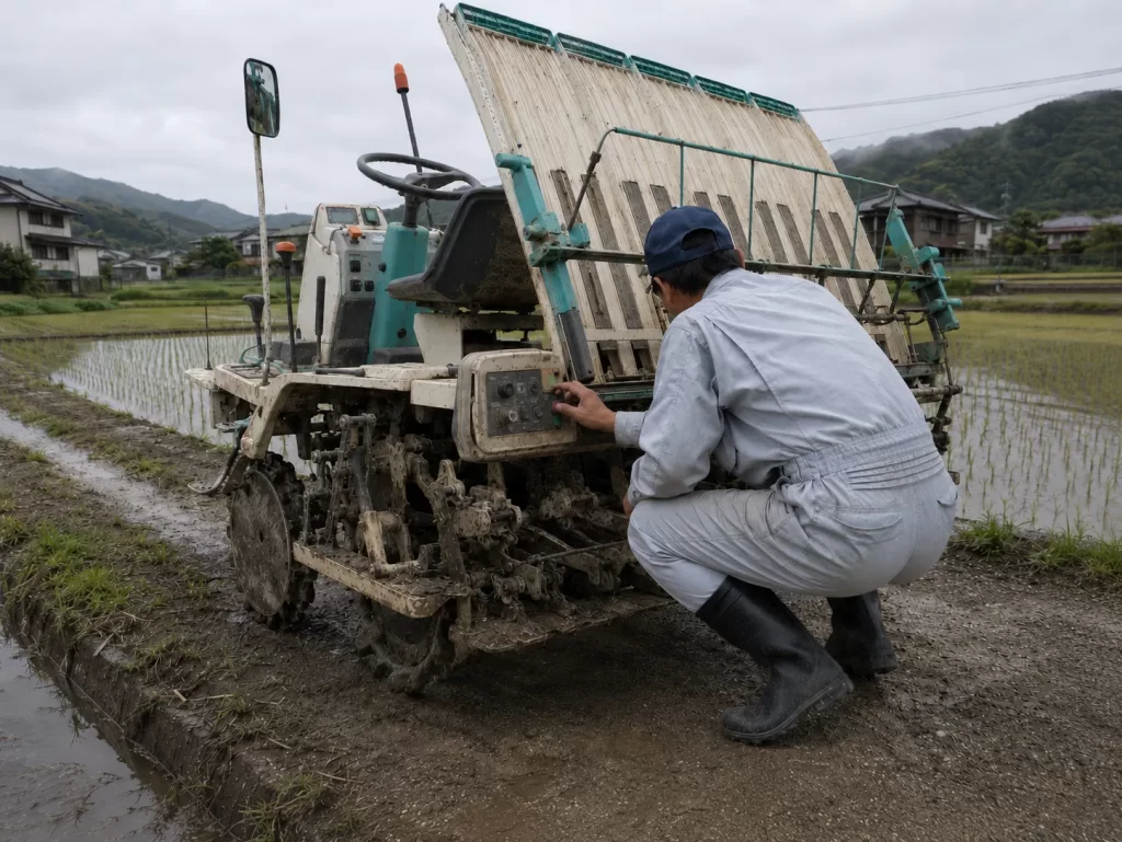 田植機の植付け部や走行部を点検する作業者