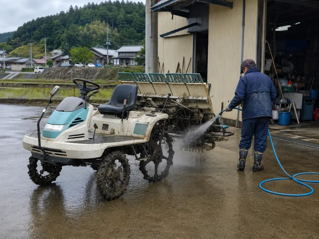 作業後に田植機の泥を洗い流すメンテナンス風景