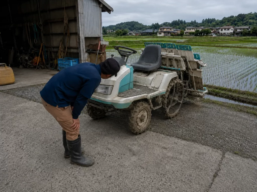 中古田植機の外観を確認する人物