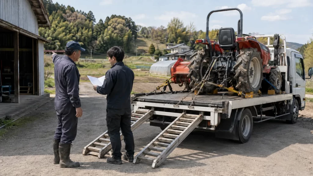 セーフティローダーで配送された中古トラクターの荷下ろし条件を確認する場面